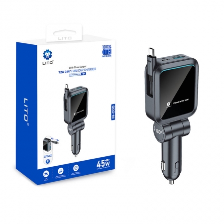 LITO IN-C05 cargador de coche mini 3 en 1 de 72W con cable retráctil 