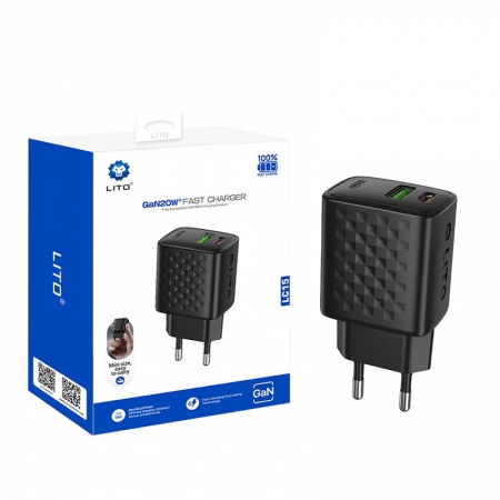 Cargador rápido LITO LC15 GaN de 20 W con doble puerto USB-C y USB-A 