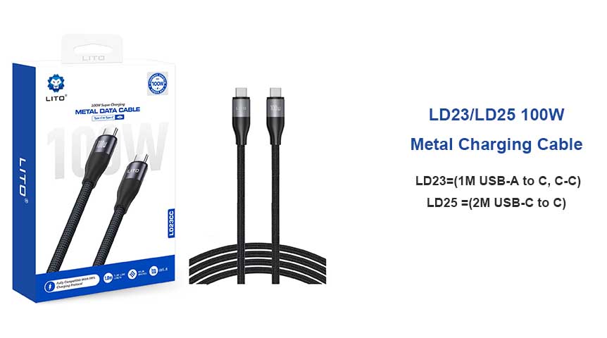 Cable de carga rápida tipo C LITO LD23 LD25 de 100 W, 1 m y 2 m